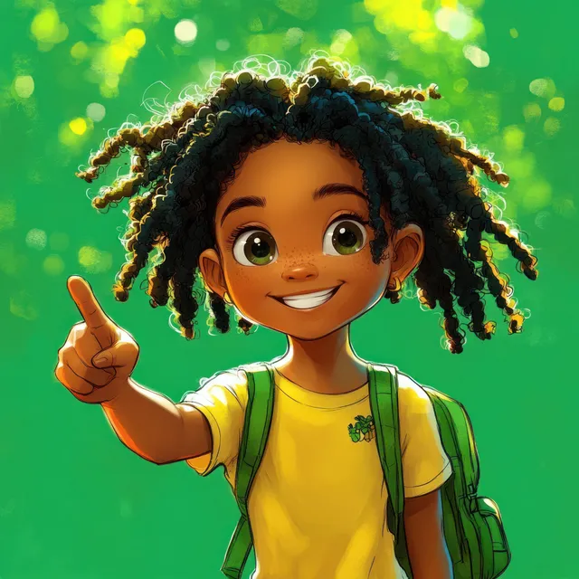 Smiling child with natural curls and backpack pointing playfully against bright green