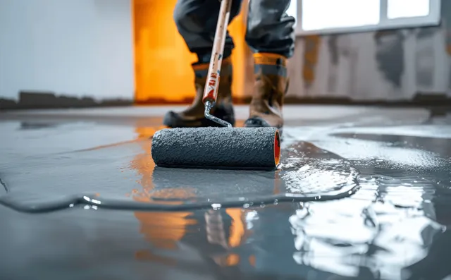 A worker paints a grey protective coating over a wet concrete floor using a roller indoors.