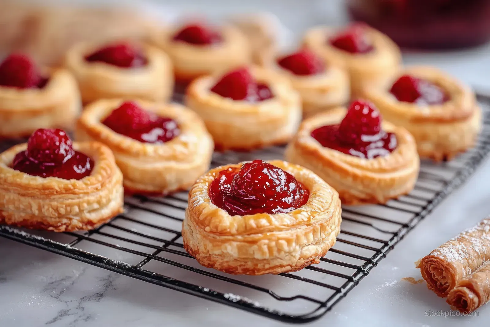 Golden puff pastry tarts topped with red raspberry jam cooling on a black wire rack over marble.