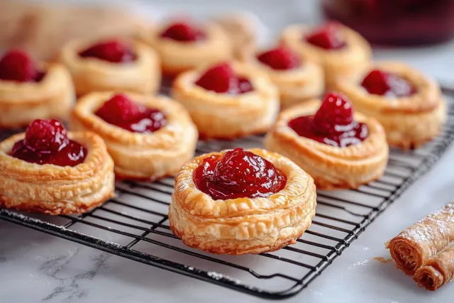 Golden puff pastry tarts topped with red raspberry jam cooling on a black wire rack over marble.