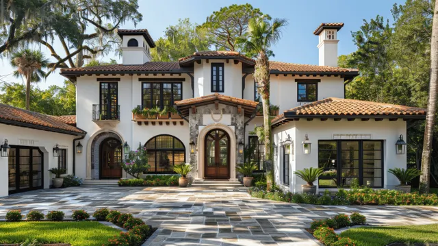 White Spanish colonial house with black arched windows, brown tile roof, and a stone paver driveway surrounded by landscaping.