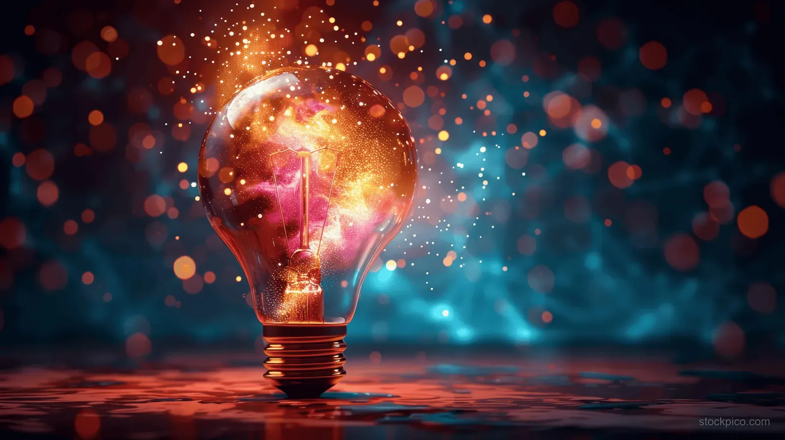 An abstract glowing light bulb surrounded by colorful sparks symbolizes creativity and innovation.