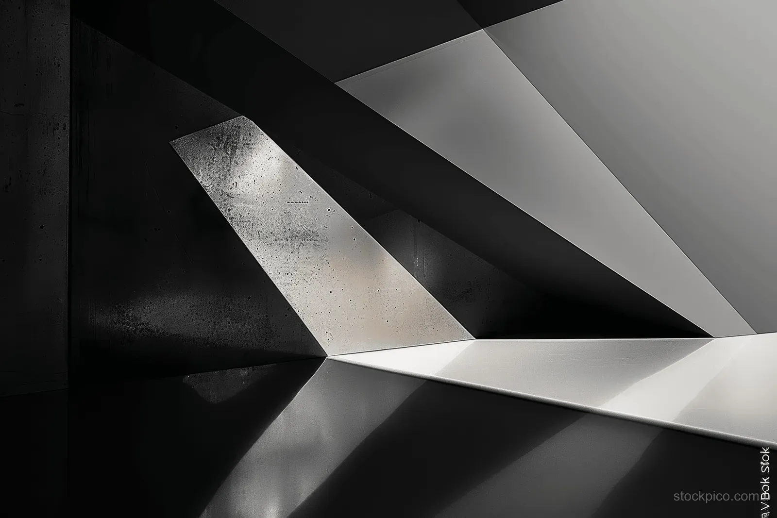 Black and white angular geometric facets cast sharp shadows with bright metallic highlights in a minimal abstract background.