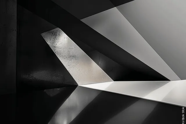 High-contrast black and white geometric shadows with metallic angular 3D facets