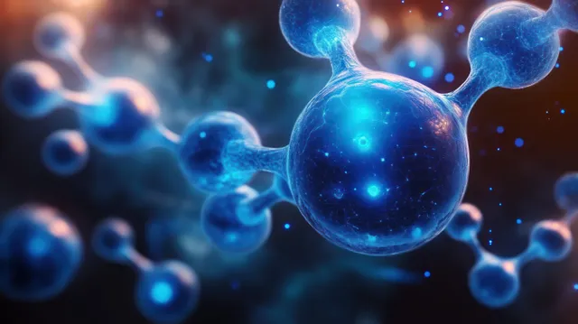 Futuristic glowing molecule spheres floating in a dark blue atom network background
