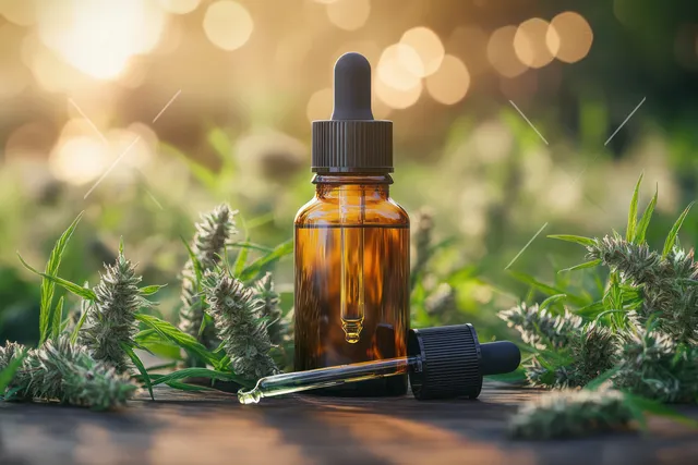 Amber glass dropper bottle with hemp sprigs and oil in a sunlit nature still life with soft bokeh.