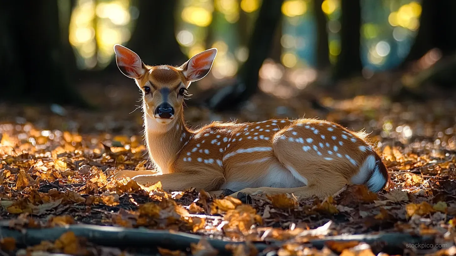A young spotted deer fawn rests on autumn leaves in a sunlit forest with blurred trees behind it.