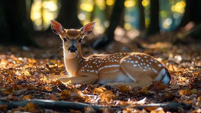 Young spotted deer resting on autumn forest floor, sunlight rays behind softly blurred trees