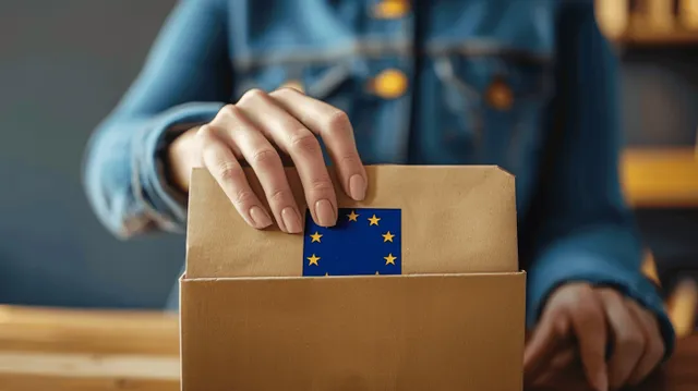 German woman casts a ballot, hand placing paper into a box with EU flag sticker