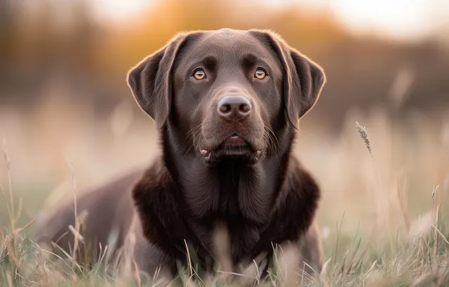Chocolate-brown dog lying in golden-hour grass, looking up with calm attentive eyes