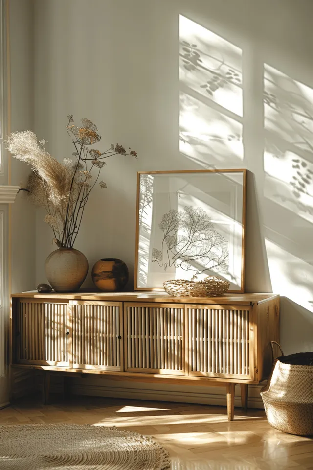 A wooden sideboard beside a sunlit window with beige decor, vases, and soft light shadows on the floor.