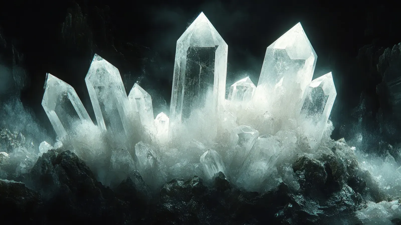 Softly glowing transparent quartz crystals rise from dark, dusty cave rocks.