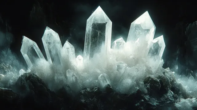 Softly glowing transparent quartz crystals rise from dark, dusty cave rocks.