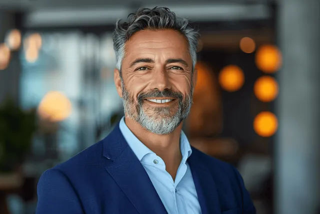 Confident middle-aged businessman with gray hair and a goatee smiles in a blue suit against a softly blurred modern office background.