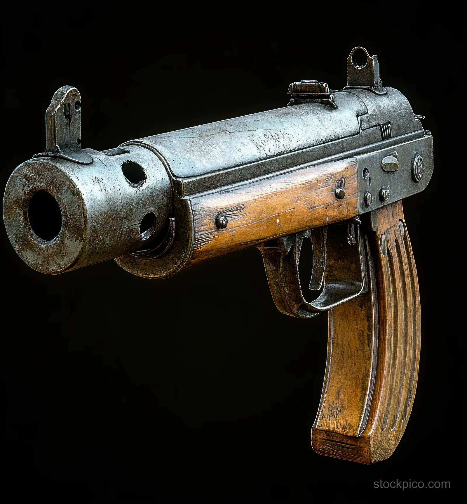 Vintage submachine gun close-up with metal barrel and wooden stock against a black background.