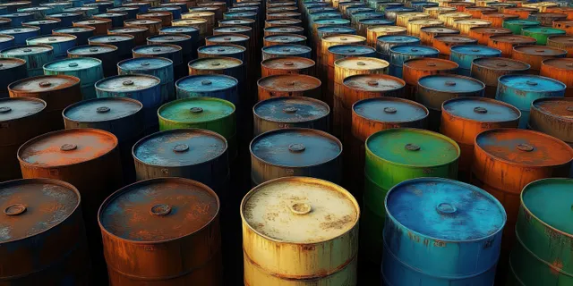 Rows of rusty, multicolored metal barrels are arranged outdoors.