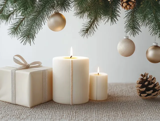 A warm Christmas interior scene with glowing candles, wrapped gifts, and pine branches on a rustic shelf against a neutral background.