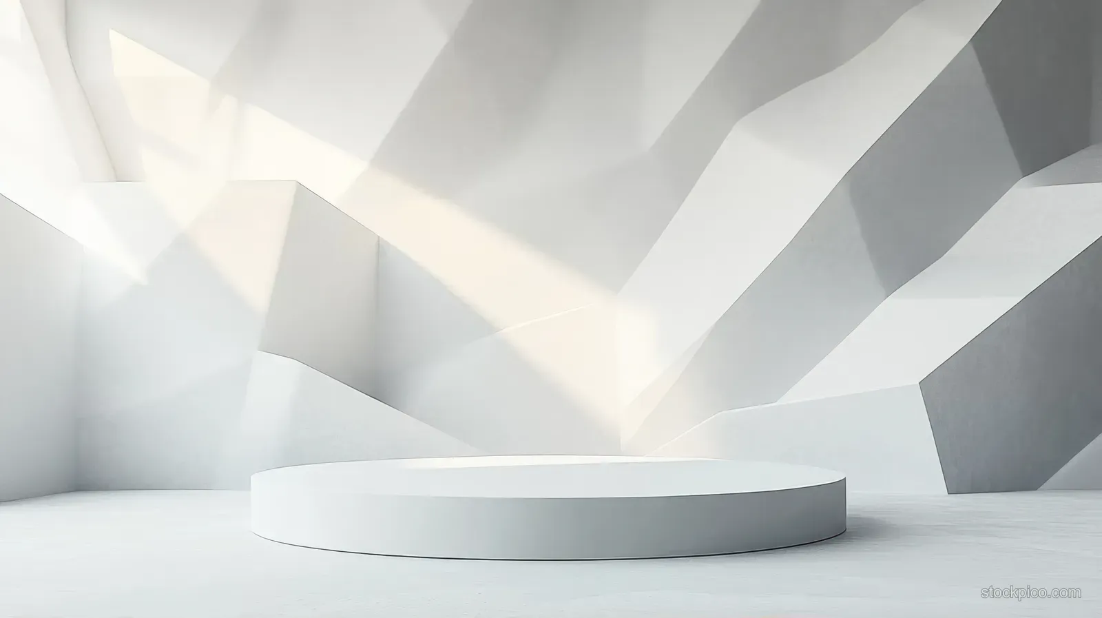 White minimalist room with geometric wall panels and soft daylight, featuring a centered round platform.