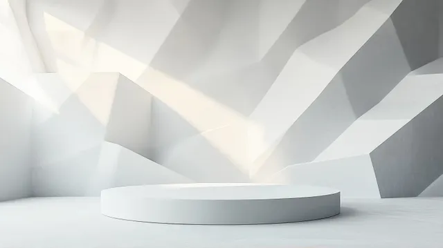 White minimalist room with geometric wall panels and soft daylight, featuring a centered round platform.