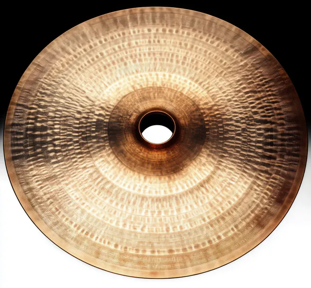 Top view of a bronze cymbal with radial grooves and a central mounting hole reflecting light.
