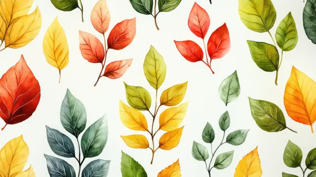 Watercolor leaf pattern with layered green, yellow, and red botanical illustrations