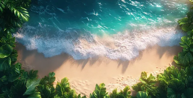 Tropical beach shoreline with foamy waves, palm leaves framing the sandy coast