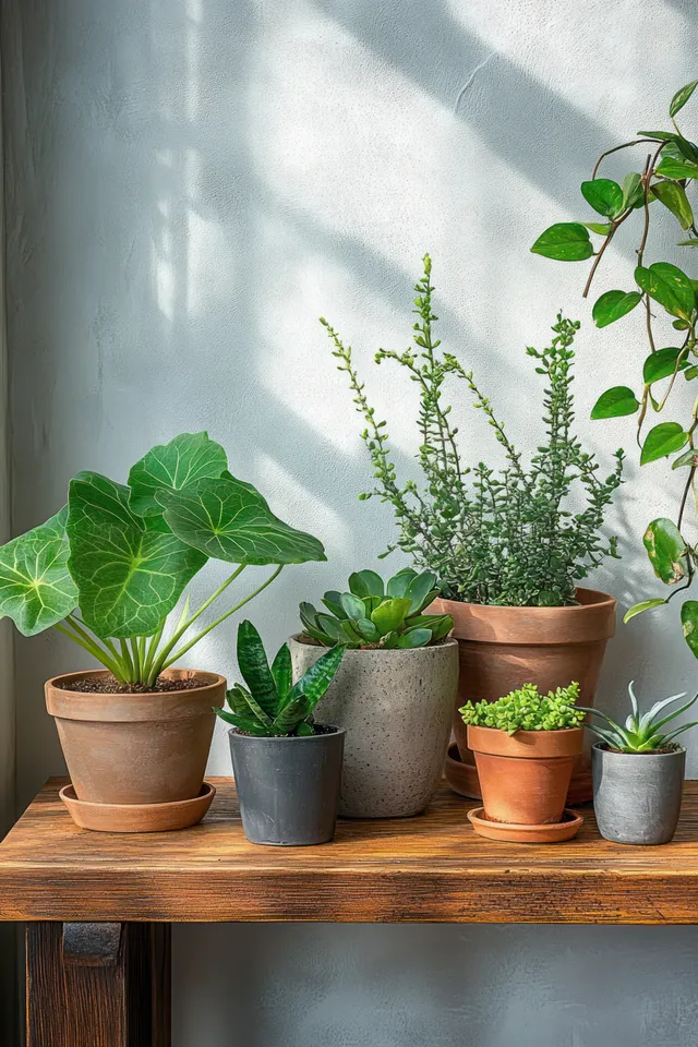 Green houseplants in small terracotta and ceramic pots on a wooden shelf with soft sunlight and leaf shadows on a white wall.