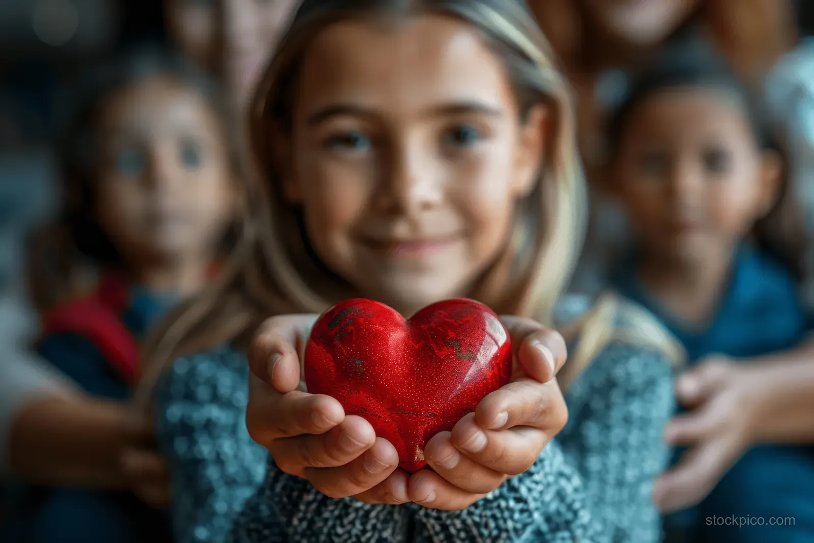 Multiple family members hold a red heart in their hands with soft blurred faces in the background.