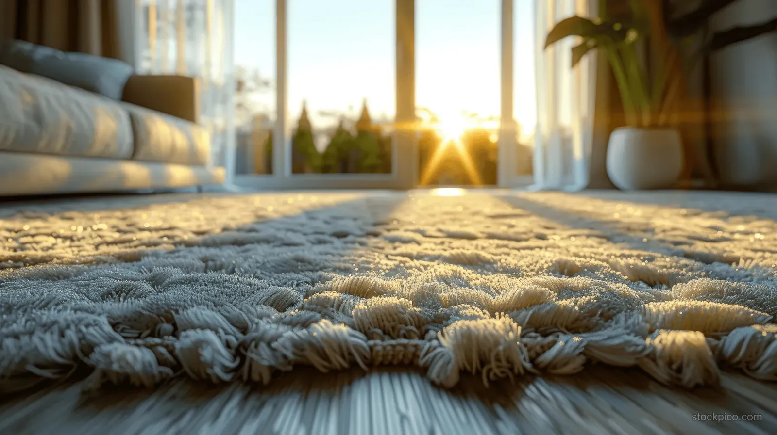 Beige shag carpet fills the foreground as warm sunlight streams into a minimal living room through windows.