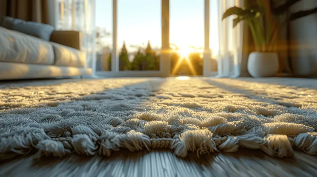 Beige shag carpet in a minimal living room with sun flare through windows