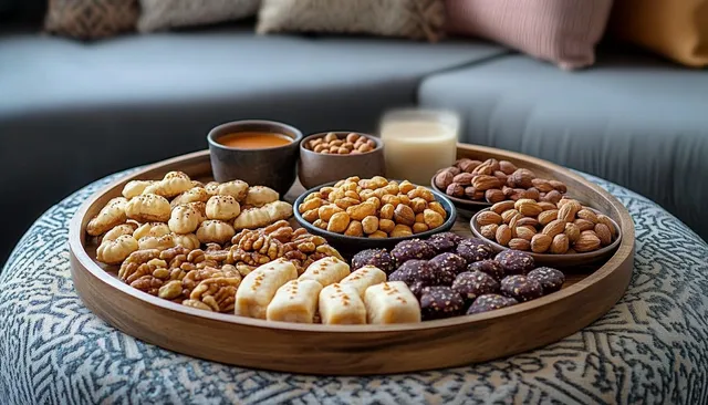 Wooden round tray with mixed pastries, nuts, milk, and dipping sauces on patterned blue table