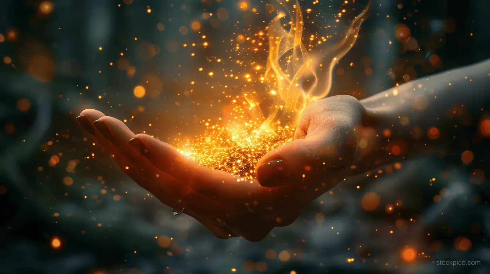 Two hands holding glowing golden sparks and swirling ethereal light particles against a dark background.