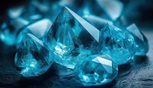 Icy blue faceted gemstones clustered on a dark stone surface with cool reflective prismatic glow.