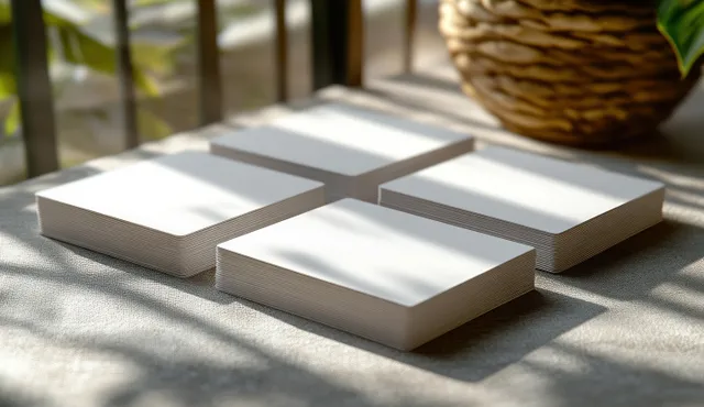 Blank poker cards lie on a linen tablecloth under soft window light with subtle shadows.