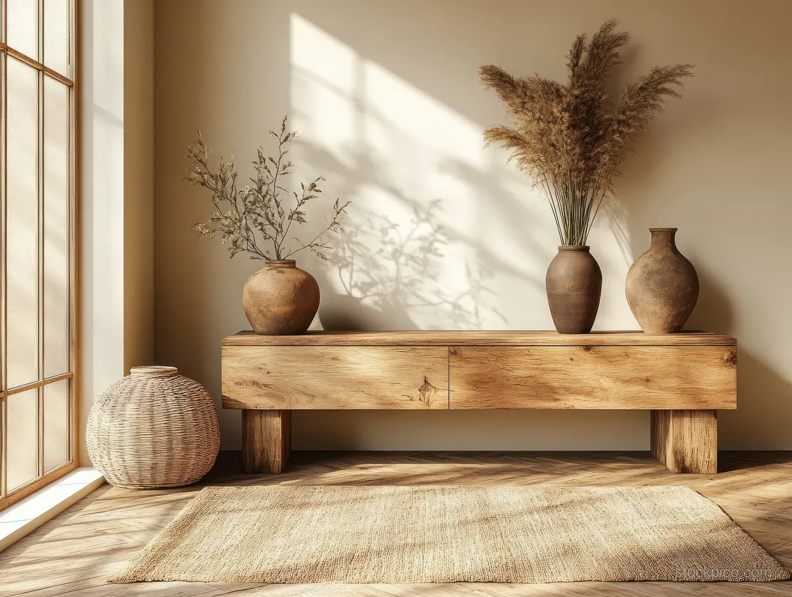 Minimalist wooden sideboard with three vases and dried stems against a beige wall, sunlit with long shadows.