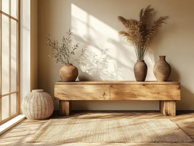 Minimalist wooden sideboard with three vases and dried stems against a beige wall, sunlit with long shadows.