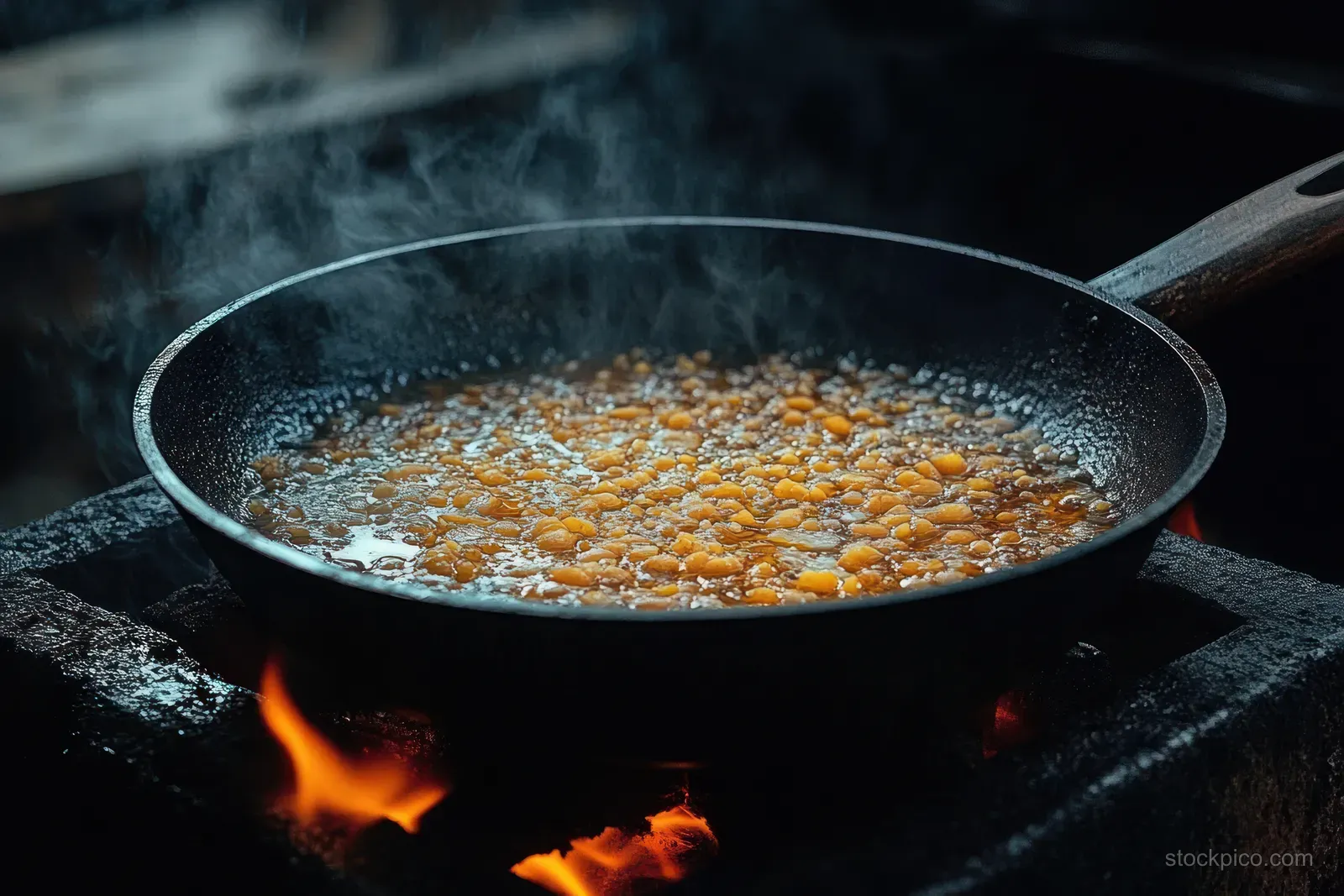 Tempeh fries sizzle in a rustic frying pan with bubbling oil over orange flames.