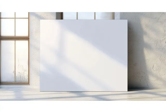 Large blank white canvas leaning against a textured wall with soft shadows from a tall window.