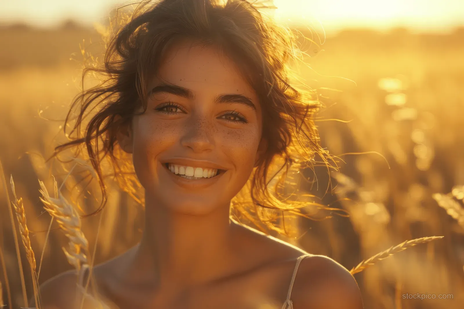 Laughing young woman smiling in a golden-hour meadow with sunlit tall grass and wind in her hair.