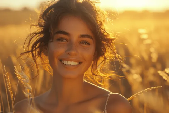 Laughing young woman in a sunny meadow at golden hour with wind-tossed hair