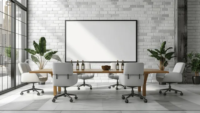 Empty conference room shows a wooden meeting table and blank poster panel on a white brick wall.
