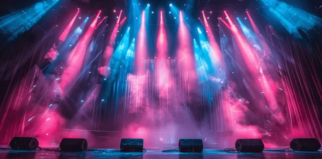 Neon stage lights casting pink purple blue beams through fog at a concert venue