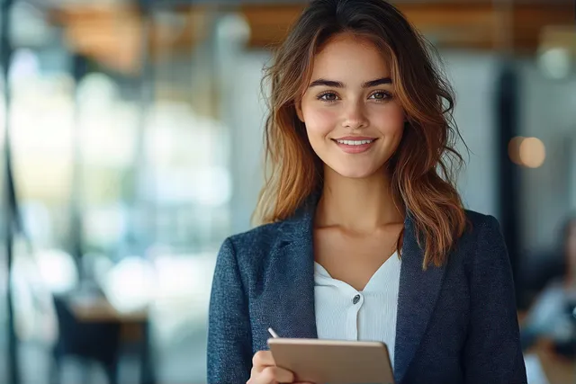 A young woman with brown hair smiles while holding a tablet in a bright, modern office environment.