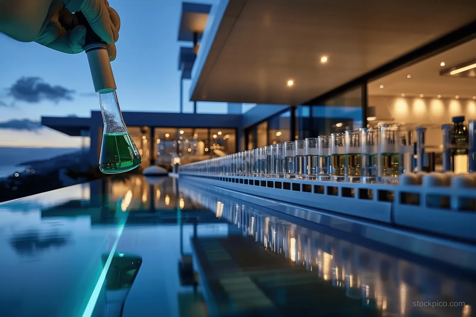 A scientist pipettes green liquid into a beaker in a laboratory with test tubes lined up behind.