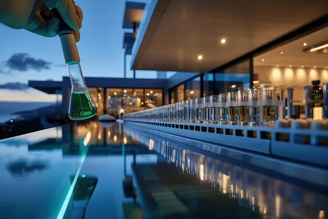 A scientist pipettes green liquid into a beaker in a laboratory with test tubes lined up behind.