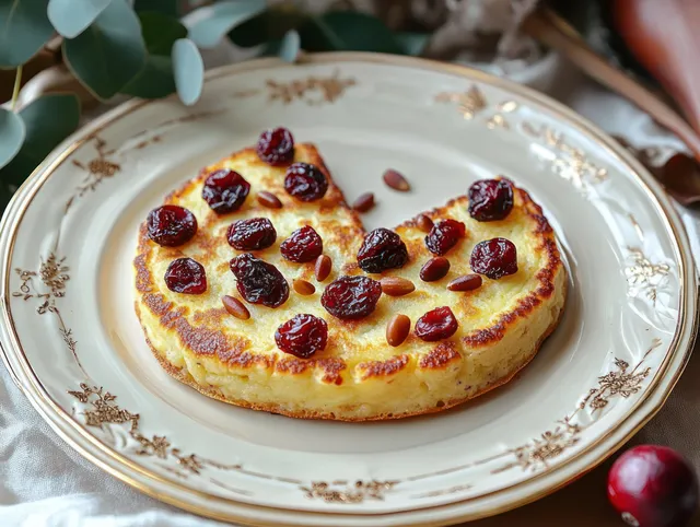 Golden brown cheesecake on a decorative white plate topped with dried cranberries and pine nuts.