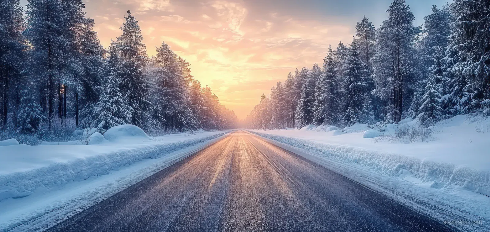 Snow-covered road stretches through a pine forest as sunrise light glows between frosty trees.