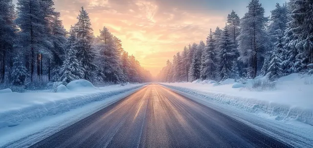 Snow-covered road stretches through a pine forest as sunrise light glows between frosty trees.