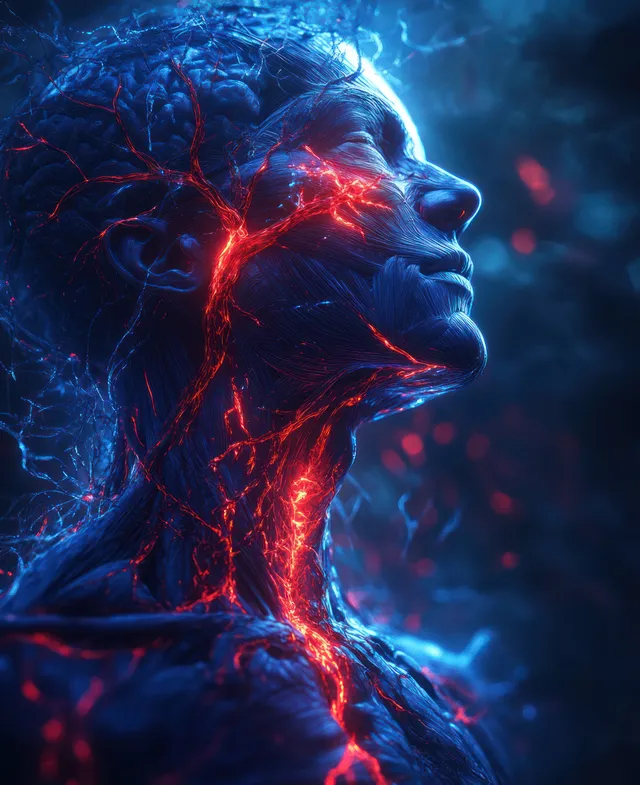 A human side profile with a glowing heart and red-blue blood-vessel network overlay inside the head.