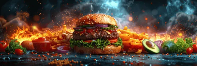 Neon green cyber background with a burger, french fries, avocado slices, and a colorful snake amid sparks and smoke.